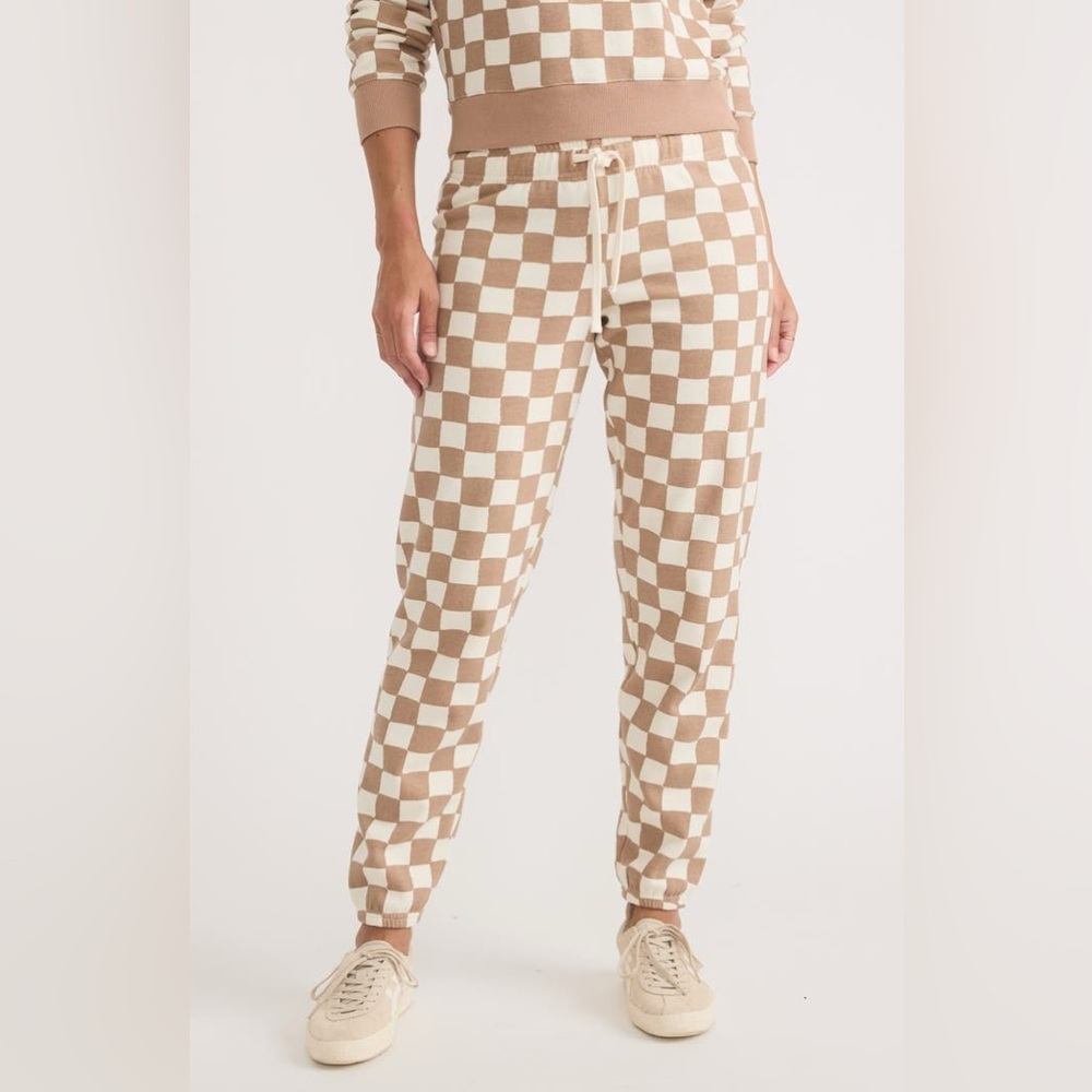 NWT! Marine Layer, Beige Tan and Cream White Checkerboard Joggers, Size M